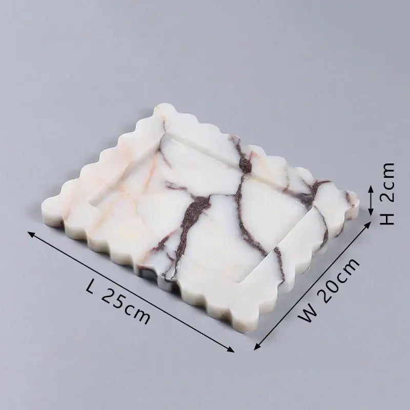 Scalloped calacatta viola marble tray with white pink veining and dark brown streaks for kitchen luxury decor