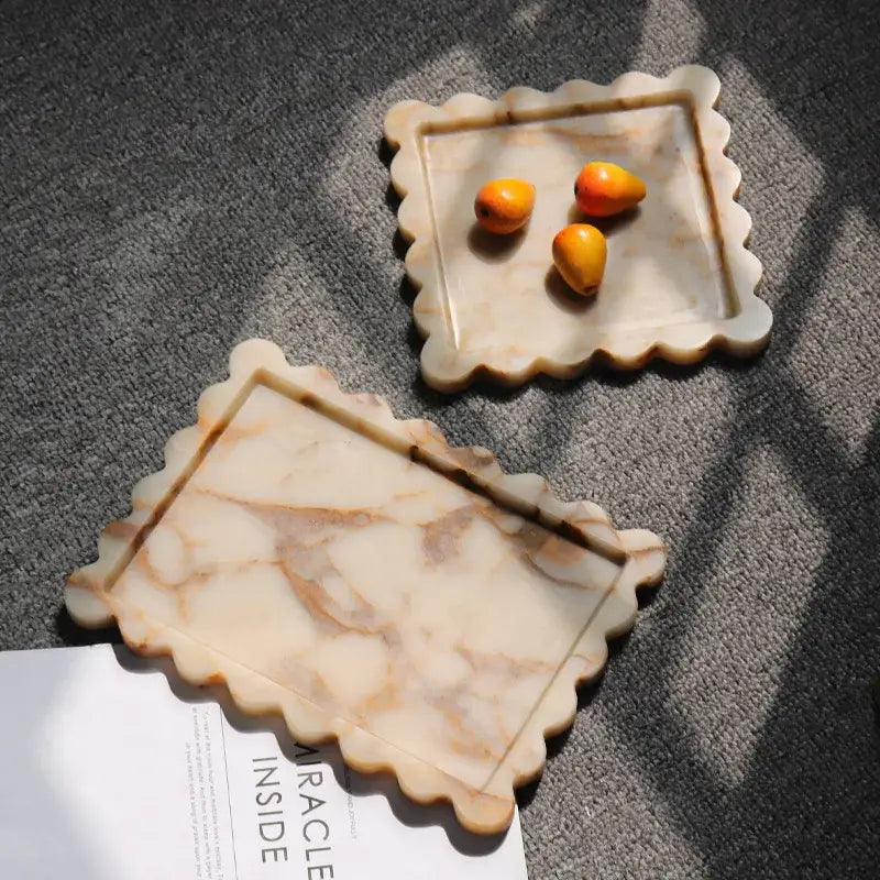 Beige and cream scalloped calacatta viola marble tray luxury marble tray for elegant kitchen decor and serving