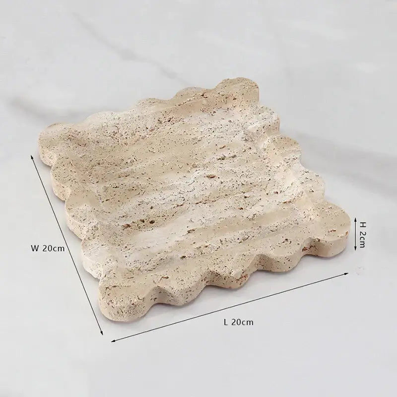 Beige textured scalloped calacatta viola marble tray with wavy edges and rustic natural finish for kitchen luxury decor