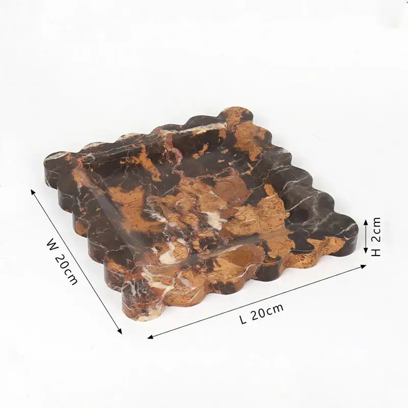 Square scalloped calacatta viola marble tray 20cm with dark brown orange and white marbled pattern for kitchen decor