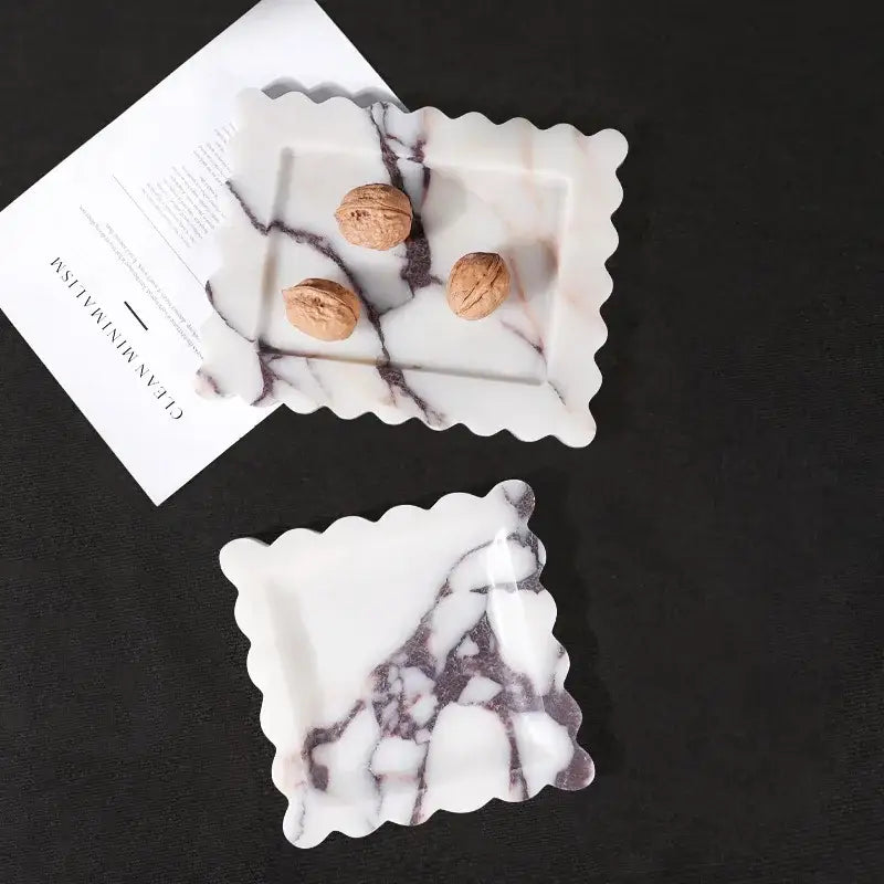White and gray calacatta viola marble tray with scalloped edges rectangular shape luxury kitchen decor marble tray