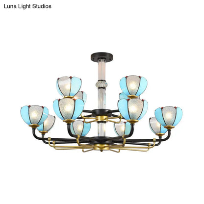 Scalloped Chandelier with Blue Glass and Vintage Pendant Light for Living Room