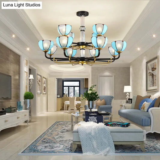 Scalloped Chandelier with Blue Glass and Vintage Pendant Light for Living Room