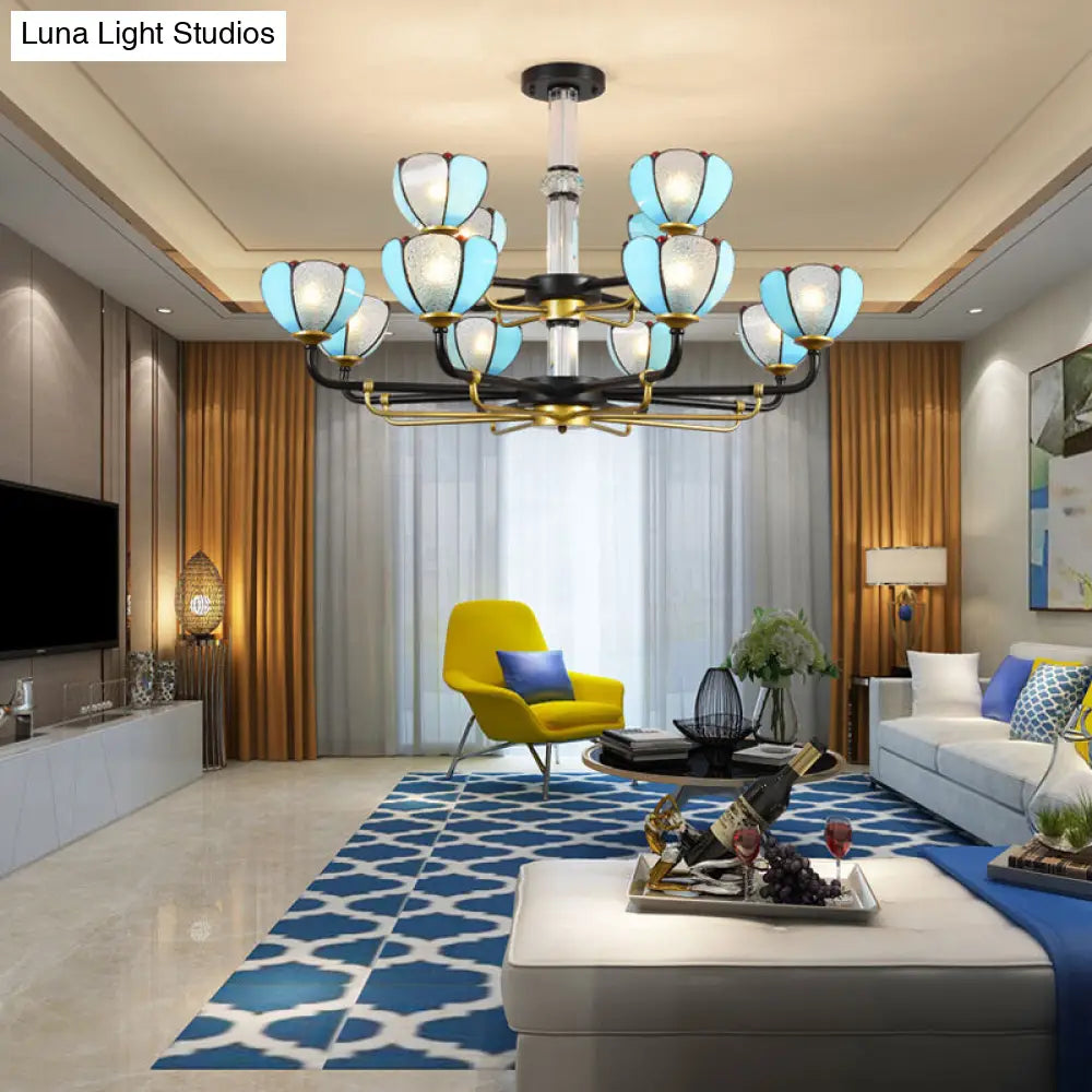 Scalloped Chandelier with Blue Glass and Vintage Pendant Light for Living Room