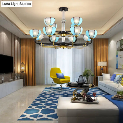 Scalloped Chandelier with Blue Glass and Vintage Pendant Light for Living Room