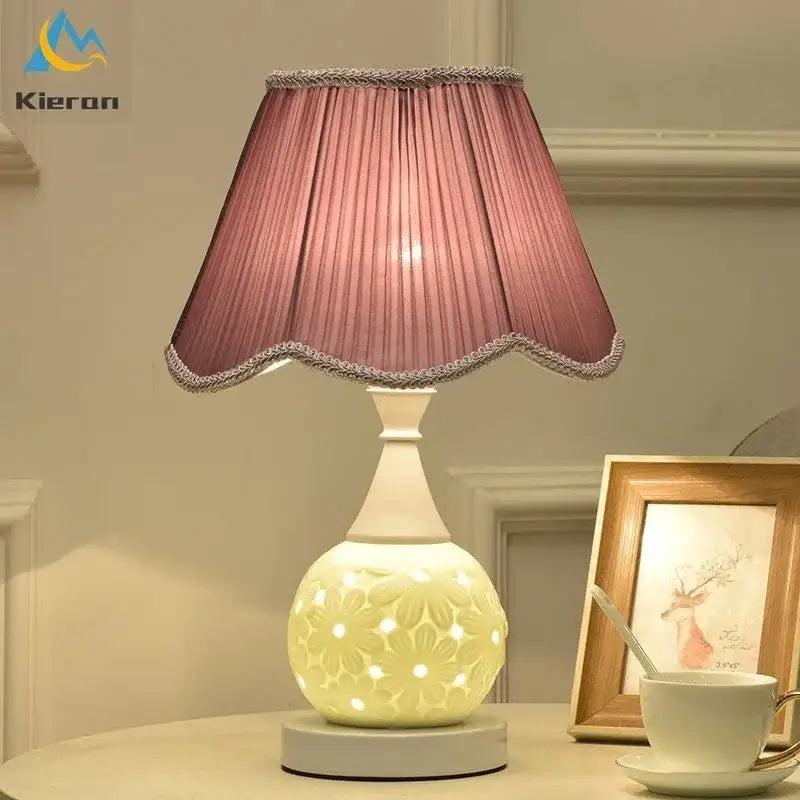 Scalloped cream ceramic led desk lamp with delicate pink pleated shade and floral cutouts for bedroom decorbites ceramic led