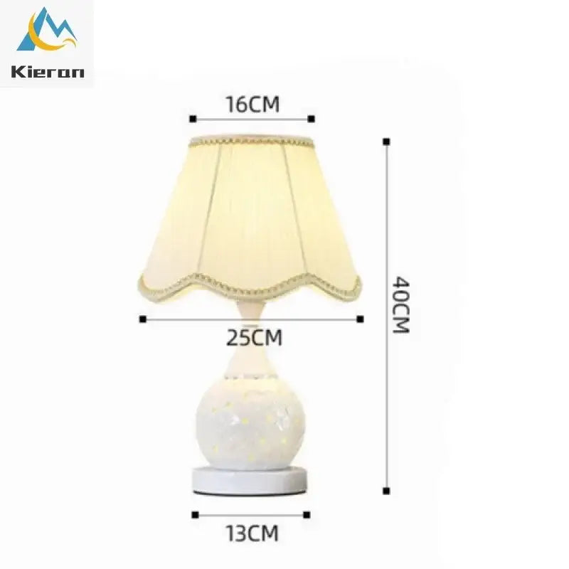 White ceramic led desk lamp with cream scalloped fabric shade and gold trim for decorbites ceramic led bedroom decor