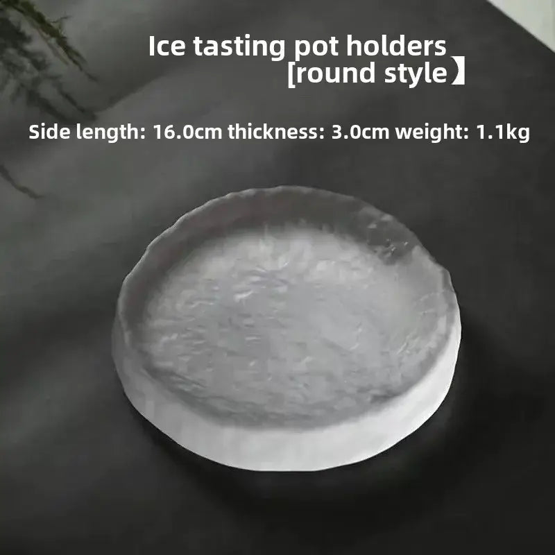 Round translucent crystal glass coaster with scalloped edges and textured surface for minimalist jewelry display panel