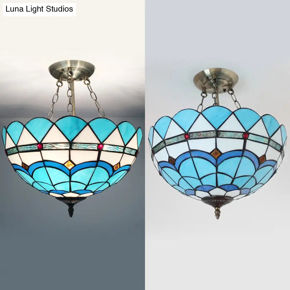 DecorBites™ DecorBites™ Scalloped Edge Baroque Style Glass Bowl Chandelier Light in Blue/Sky Blue, 12"/16"/19.5"/23.5" W, Brass Hanging Light