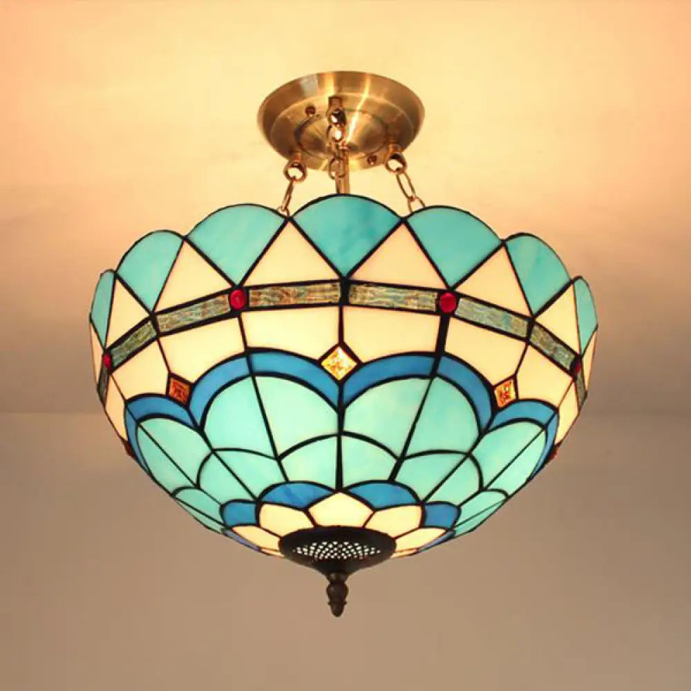 DecorBites™ DecorBites™ Scalloped Edge Baroque Style Glass Bowl Chandelier Light in Blue/Sky Blue, 12"/16"/19.5"/23.5" W, Brass Hanging Light