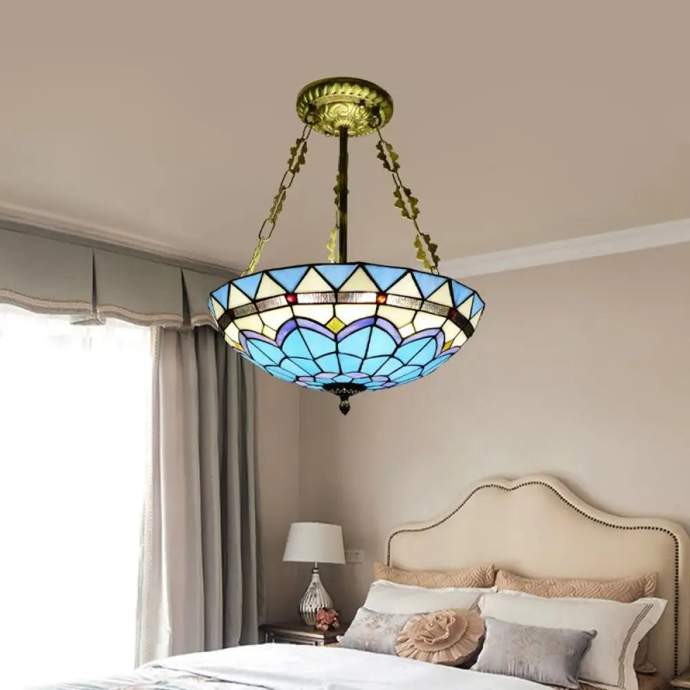 DecorBites™ DecorBites™ Scalloped Edge Baroque Style Glass Bowl Chandelier Light in Blue/Sky Blue, 12"/16"/19.5"/23.5" W, Brass Hanging Light