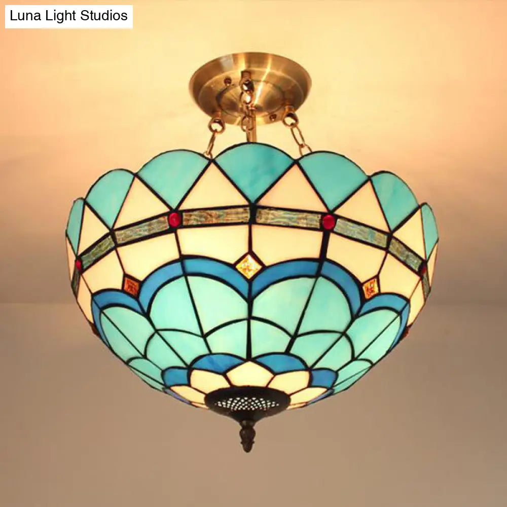 DecorBites™ DecorBites™ Scalloped Edge Baroque Style Glass Bowl Chandelier Light in Blue/Sky Blue, 12"/16"/19.5"/23.5" W, Brass Hanging Light