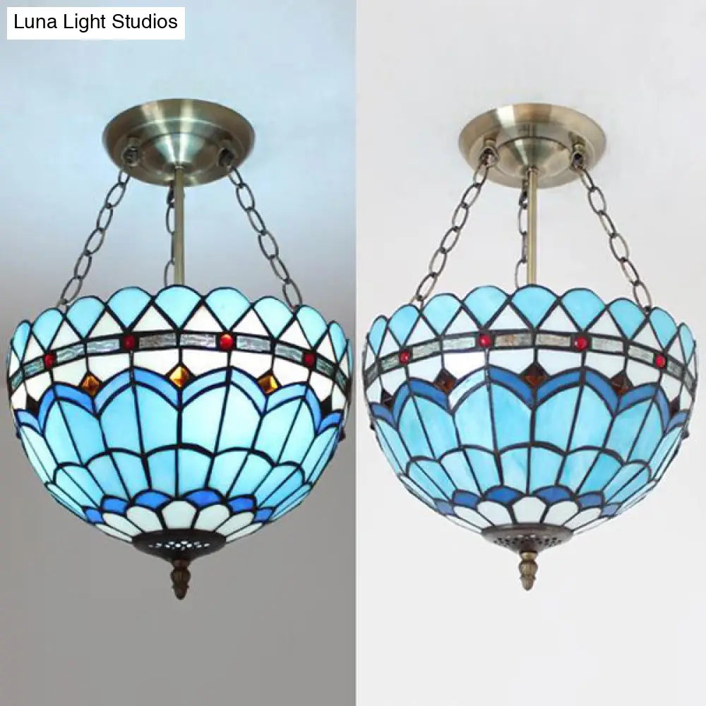 DecorBites™ DecorBites™ Scalloped Edge Baroque Style Glass Bowl Chandelier Light in Blue/Sky Blue, 12"/16"/19.5"/23.5" W, Brass Hanging Light