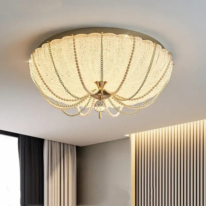 Scalloped gold crystal dimmable led ceiling light with pearl beads for bedroom decorbites crystal dimmable lighting