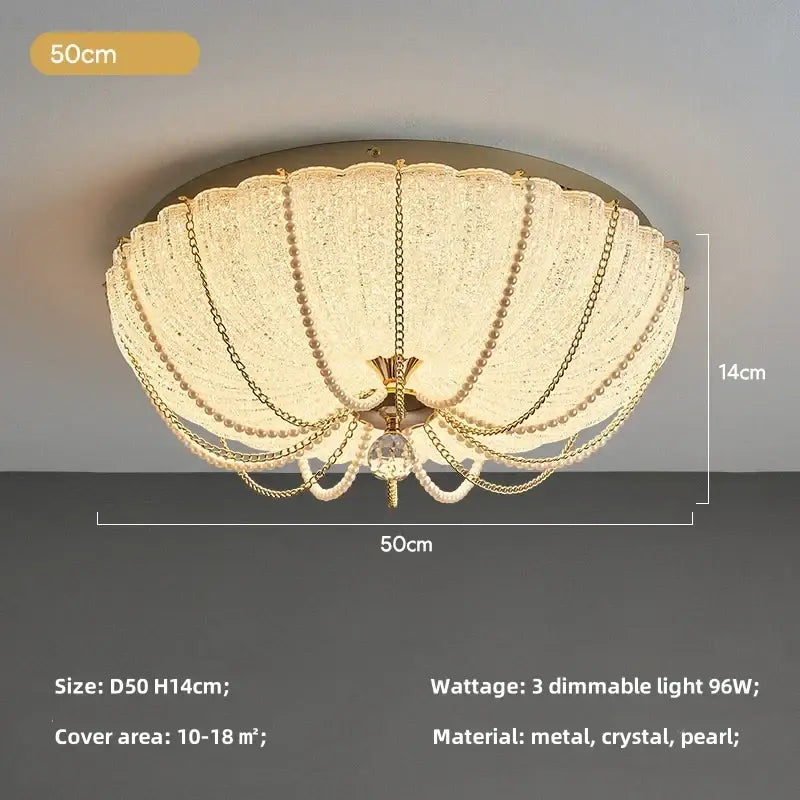 Scalloped gold crystal dimmable led ceiling light with shell-shaped frame and cascading crystal and pearl strands for bedroom decor