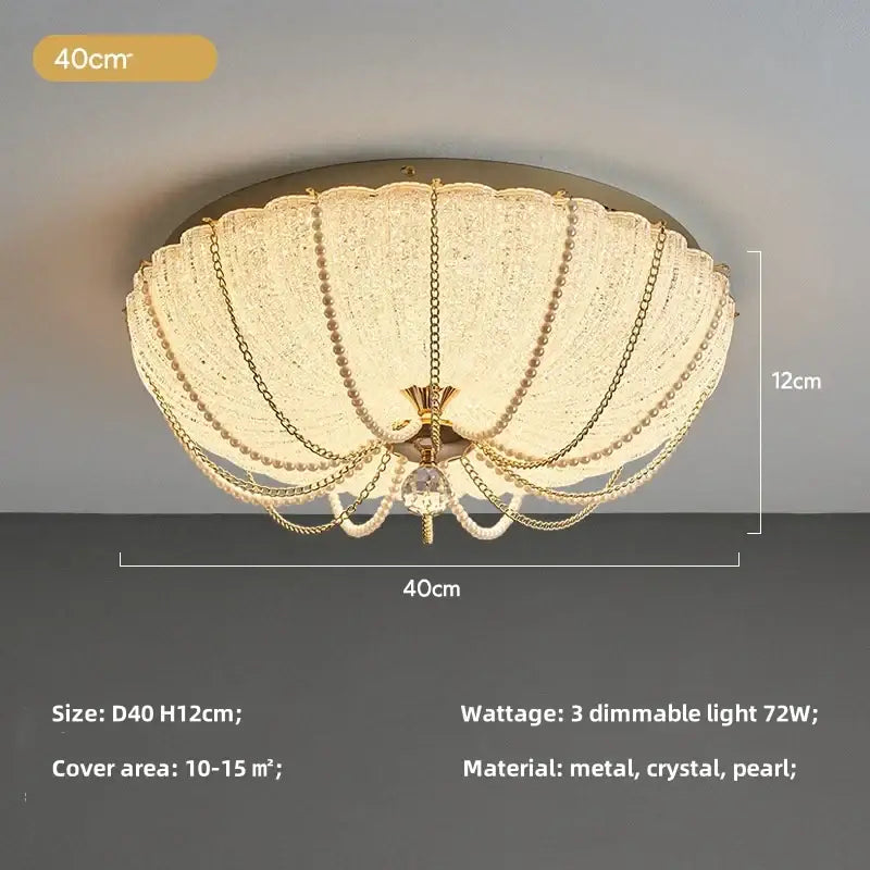 Scalloped gold ceiling light with crystal dimmable led chains and pearl accents for elegant bedroom decorbites lighting