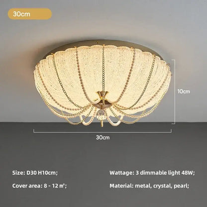 Scalloped gold crystal dimmable led ceiling light featuring a shell design with cascading pearl and crystal chains for bedroom decorbites ceiling light