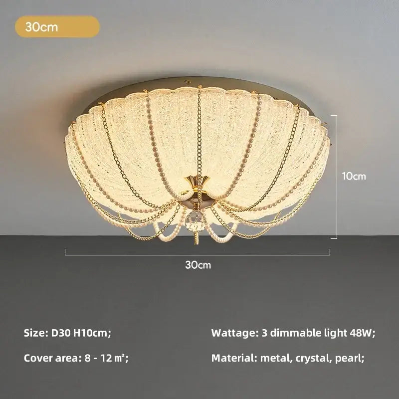Scalloped gold crystal dimmable led ceiling light featuring a shell design with cascading pearl and crystal chains for bedroom decorbites ceiling light
