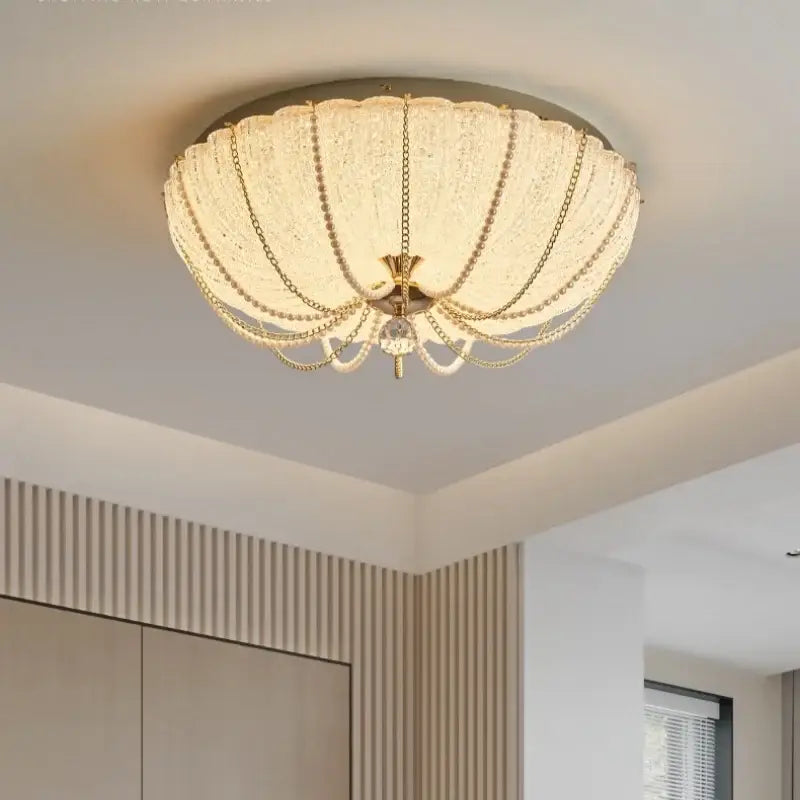 Gold-toned scalloped crystal dimmable led ceiling light with beaded chains for bedroom decorbites ceiling light