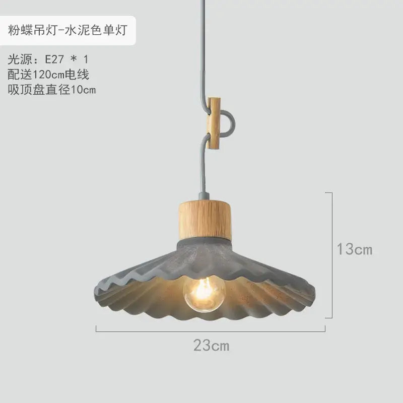 Ceramic gray scalloped led pendant light with wooden top and metal wire suspension for dining room pendant lights