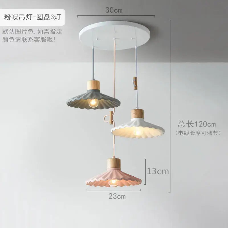 Scalloped pastel led pendant lights with butterfly shapes, wooden accents, and adjustable cords for dining room lighting