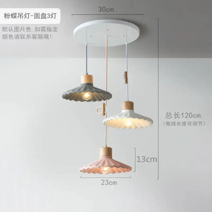 Scalloped pastel led pendant lights butterfly-shaped with wooden accents and adjustable cords for dining room lighting