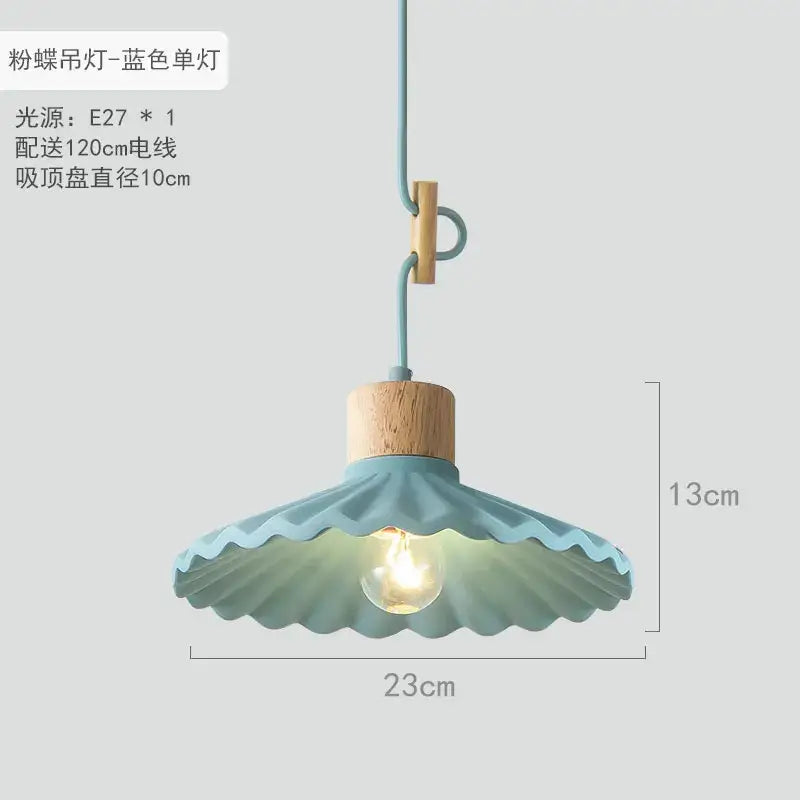 Delicate light blue scalloped edge led pendant light with wooden top hanging cord for dining room pendant lights