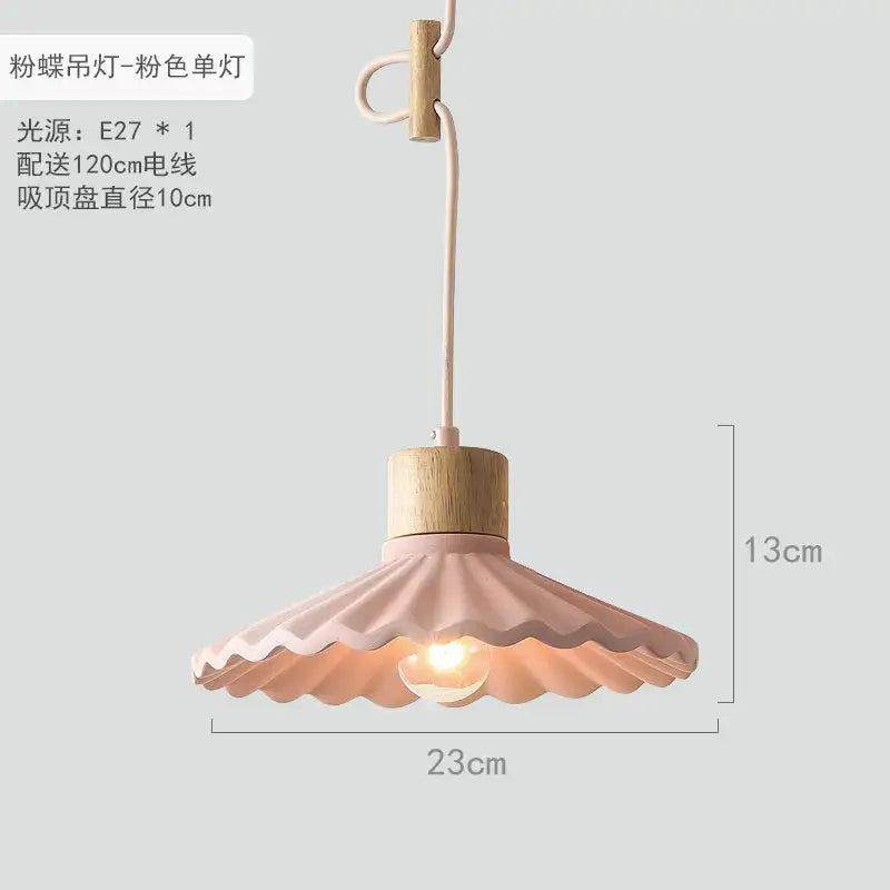 Delicate pink butterfly-shaped scalloped pastel led pendant light with wooden top for dining room pendant lights