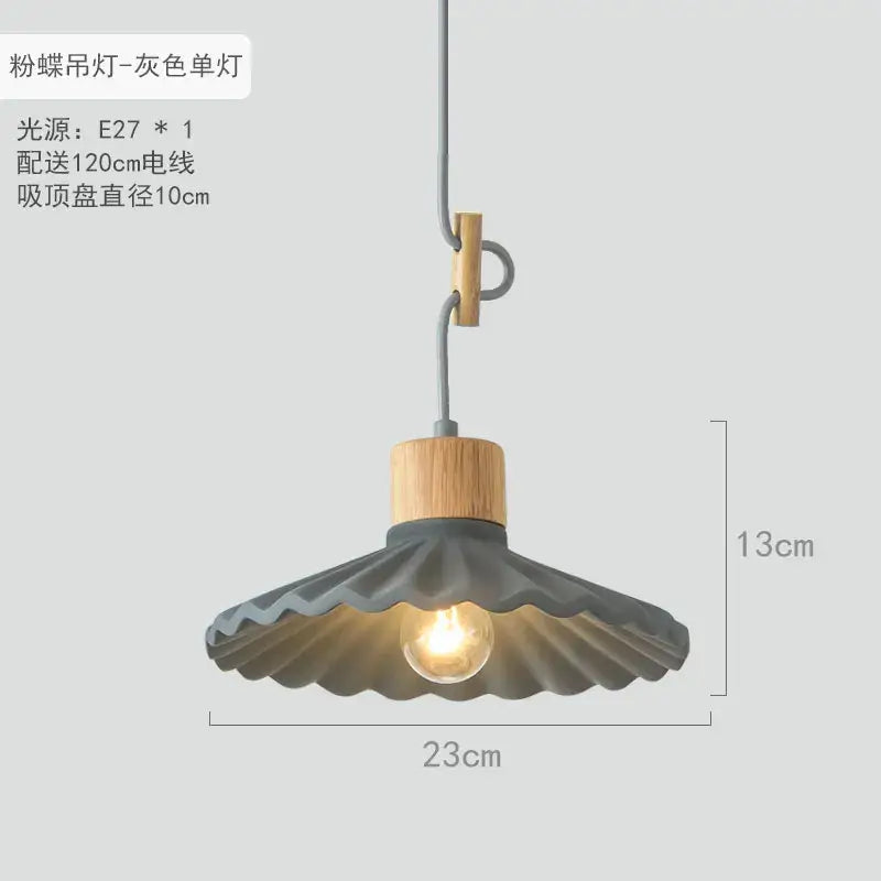 Gray scalloped led pendant light with wooden collar and black metal wiring for dining room pendant lights