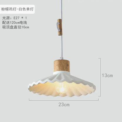 White ceramic scalloped pastel led pendant light with wooden top and e27 bulb socket for dining room use
