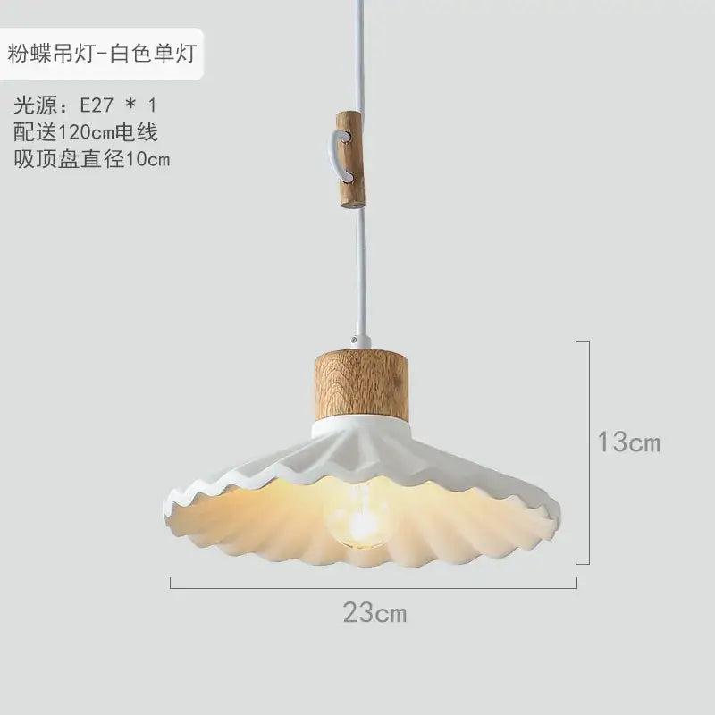 White ceramic scalloped pastel led pendant light with wooden top and e27 bulb socket for dining room use