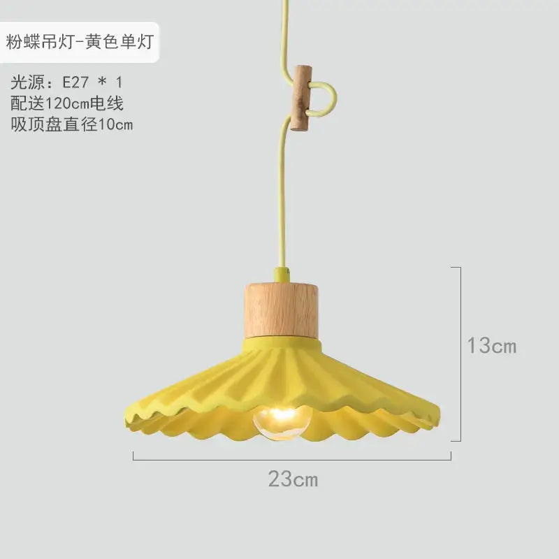 Yellow butterfly-shaped led pendant light with wooden top and yellow cord for dining room pendant lights