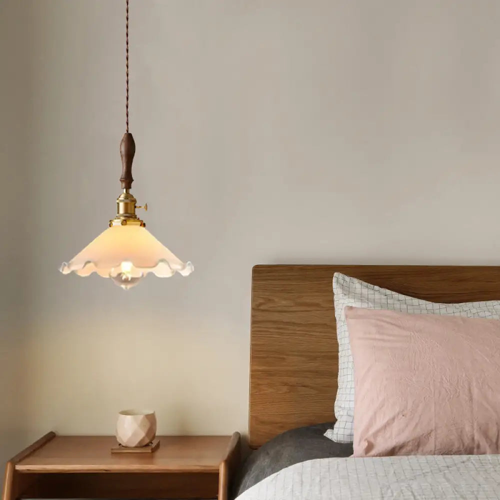 Scalloped Pendant Lamp: Farmhouse Style, 1-Light, White Glass with Brass Fixture