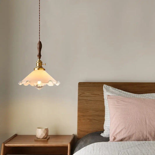 Scalloped Pendant Lamp: Farmhouse Style, 1-Light, White Glass with Brass Fixture