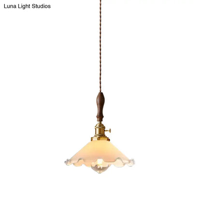 Scalloped Pendant Lamp: Farmhouse Style, 1-Light, White Glass with Brass Fixture