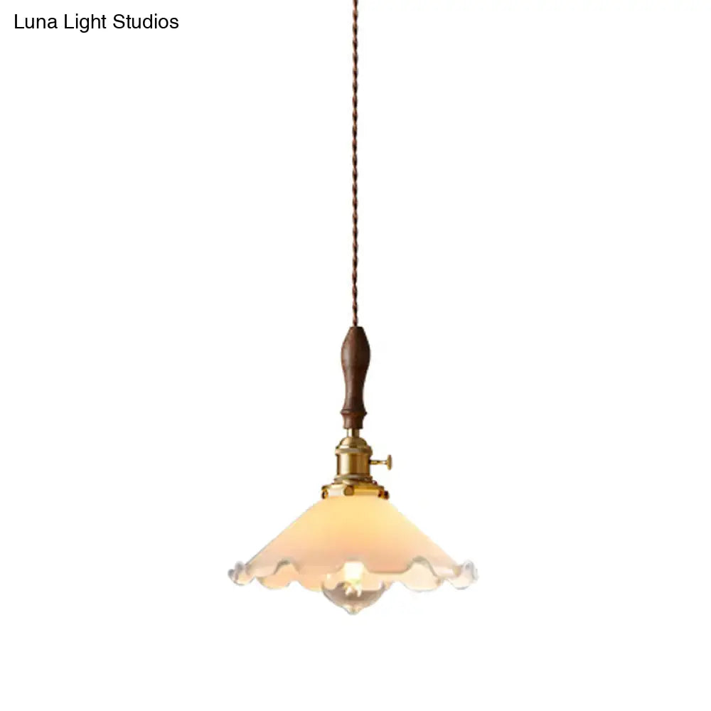 Scalloped Pendant Lamp: Farmhouse Style, 1-Light, White Glass with Brass Fixture