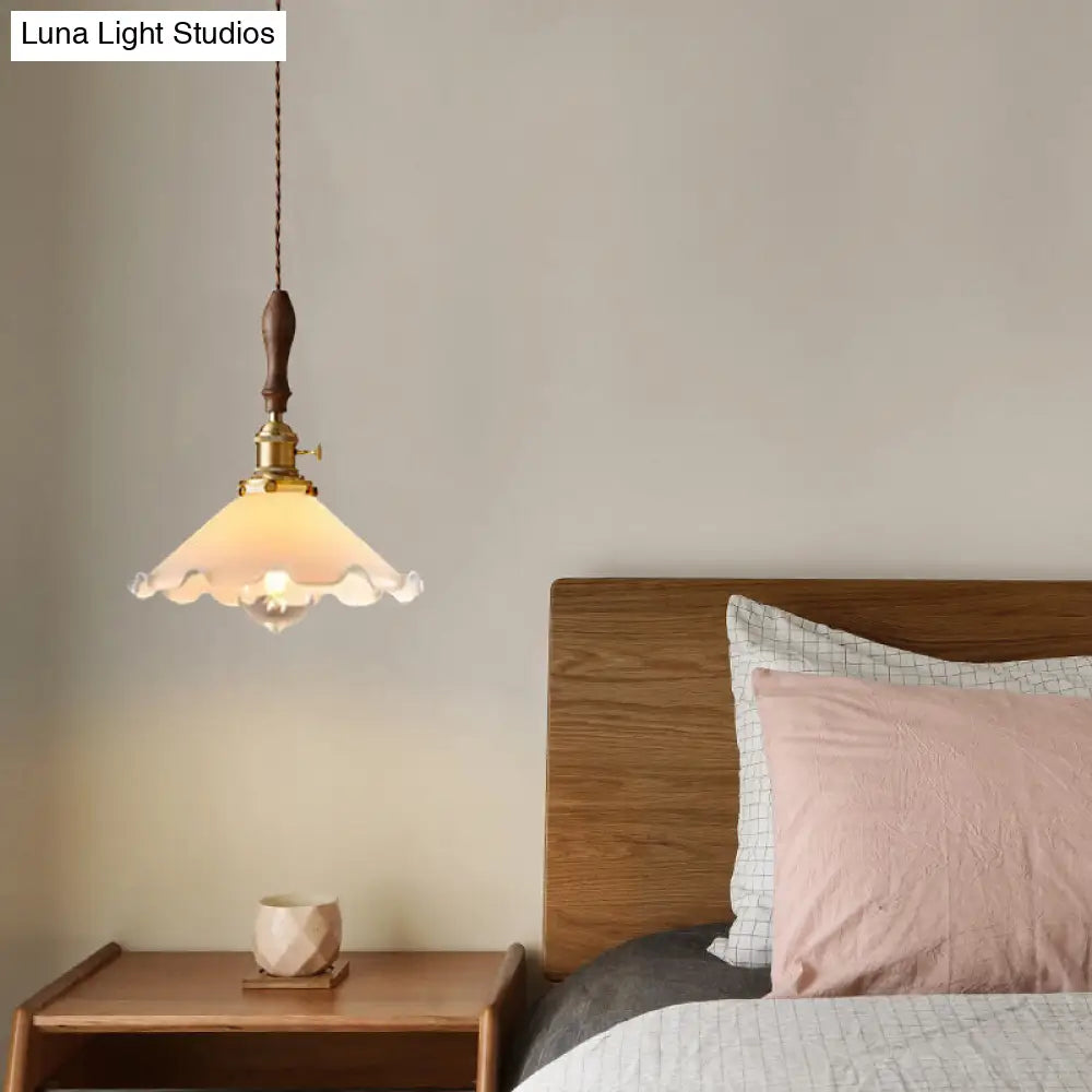 Scalloped Pendant Lamp: Farmhouse Style, 1-Light, White Glass with Brass Fixture