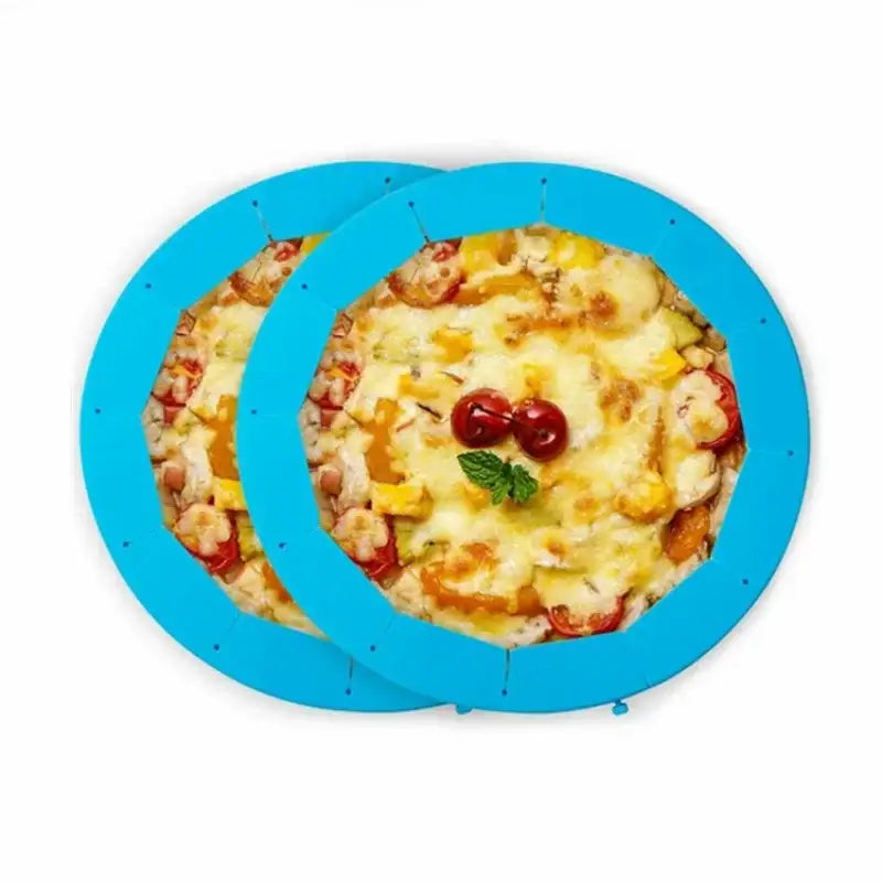 Blue silicone pizza baking circle with printed food design for use as a pie crust shield in kitchen baking tasks