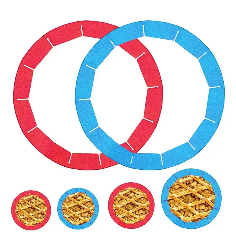 Scalloped red and blue silicone pie crust shields with textured surface for easy removal of baked pies and crust protection