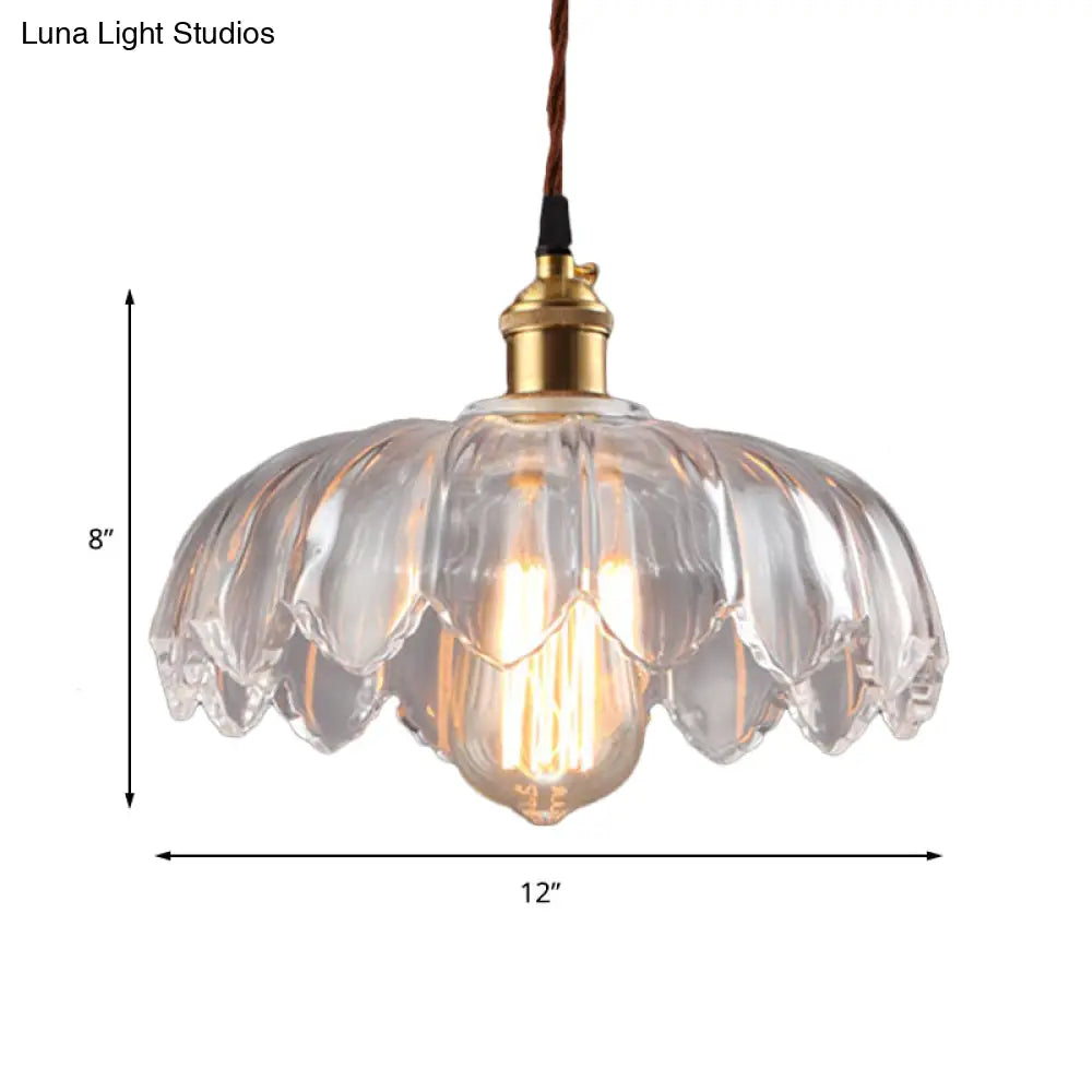 Scalloped Shade Clear Glass Pendant Lighting - Single Bulb Industrial Ceiling Light for Living Room - 8"/10"/12" Wide