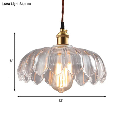 Scalloped Shade Clear Glass Pendant Lighting - Single Bulb Industrial Ceiling Light for Living Room - 8"/10"/12" Wide