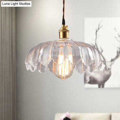 Scalloped Shade Clear Glass Pendant Lighting - Single Bulb Industrial Ceiling Light for Living Room - 8"/10"/12" Wide