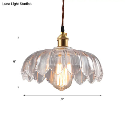 Scalloped Shade Clear Glass Pendant Lighting - Single Bulb Industrial Ceiling Light for Living Room - 8"/10"/12" Wide