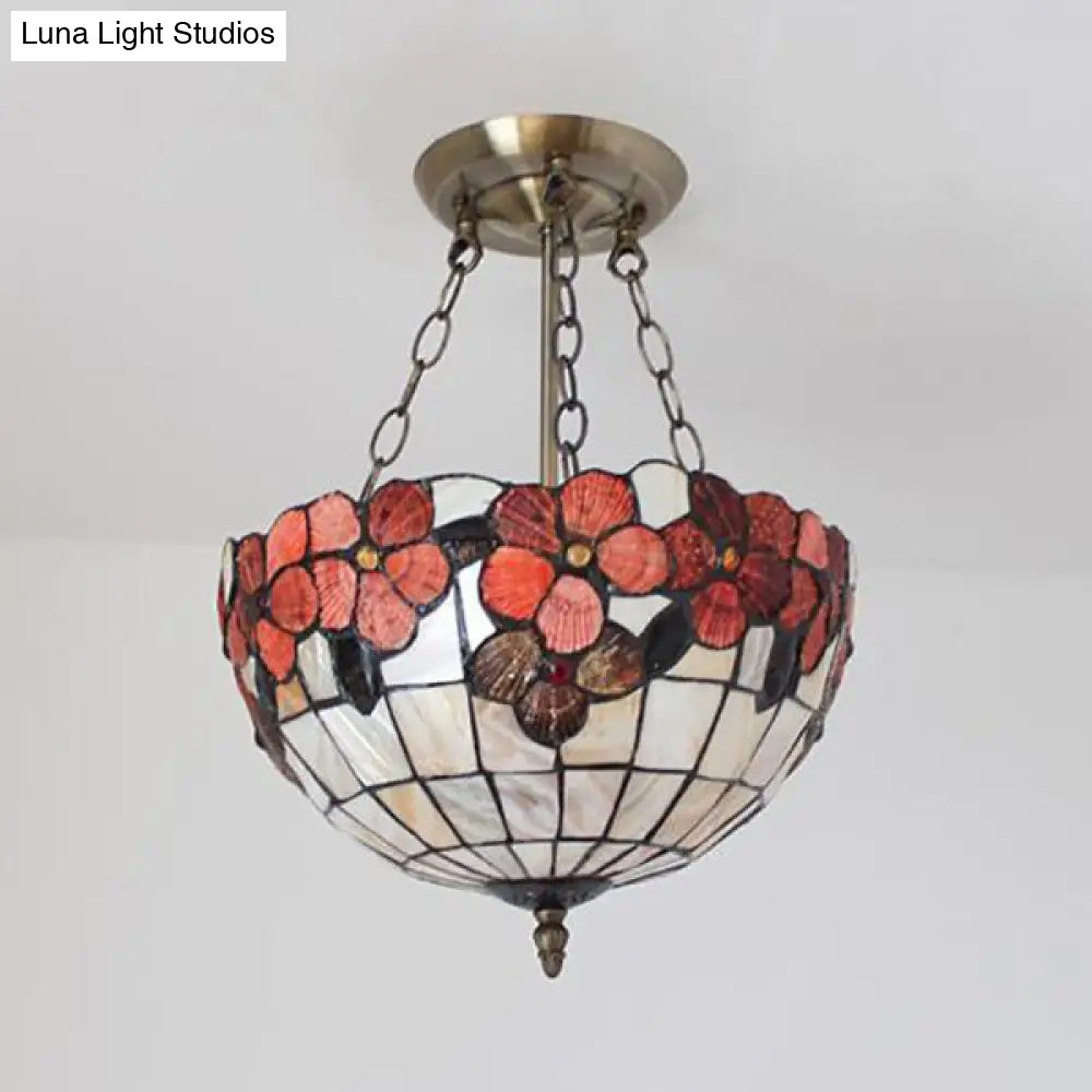 DecorBites™ DecorBites™ Scalloped Shade Semi Flush Stained Glass Ceiling Light Retro Style, 12"/16"/20.5" W, Red/Pink/Rose Red, Flower Pattern, Bedroom