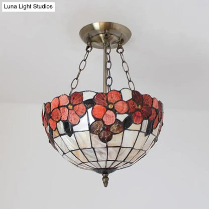 DecorBites™ DecorBites™ Scalloped Shade Semi Flush Stained Glass Ceiling Light Retro Style, 12"/16"/20.5" W, Red/Pink/Rose Red, Flower Pattern, Bedroom