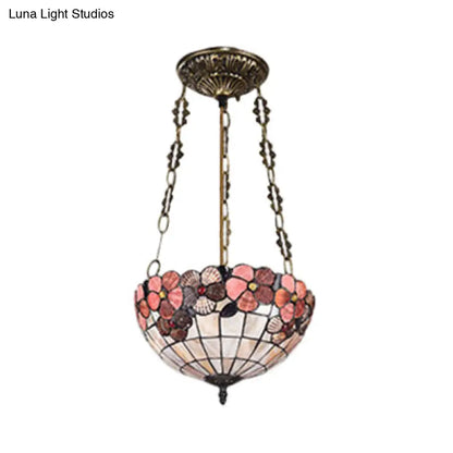 DecorBites™ DecorBites™ Scalloped Shade Semi Flush Stained Glass Ceiling Light Retro Style, 12"/16"/20.5" W, Red/Pink/Rose Red, Flower Pattern, Bedroom