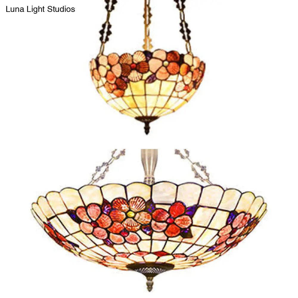 DecorBites™ DecorBites™ Scalloped Shade Semi Flush Stained Glass Ceiling Light Retro Style, 12"/16"/20.5" W, Red/Pink/Rose Red, Flower Pattern, Bedroom