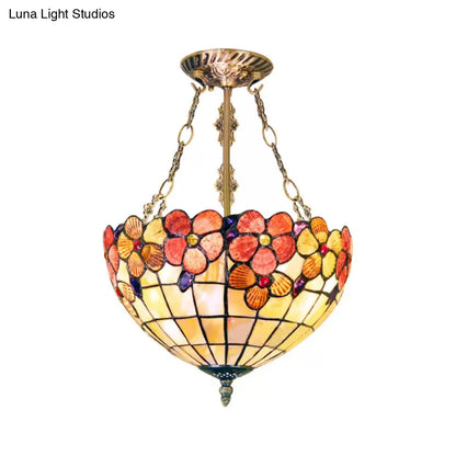 DecorBites™ DecorBites™ Scalloped Shade Semi Flush Stained Glass Ceiling Light Retro Style, 12"/16"/20.5" W, Red/Pink/Rose Red, Flower Pattern, Bedroom