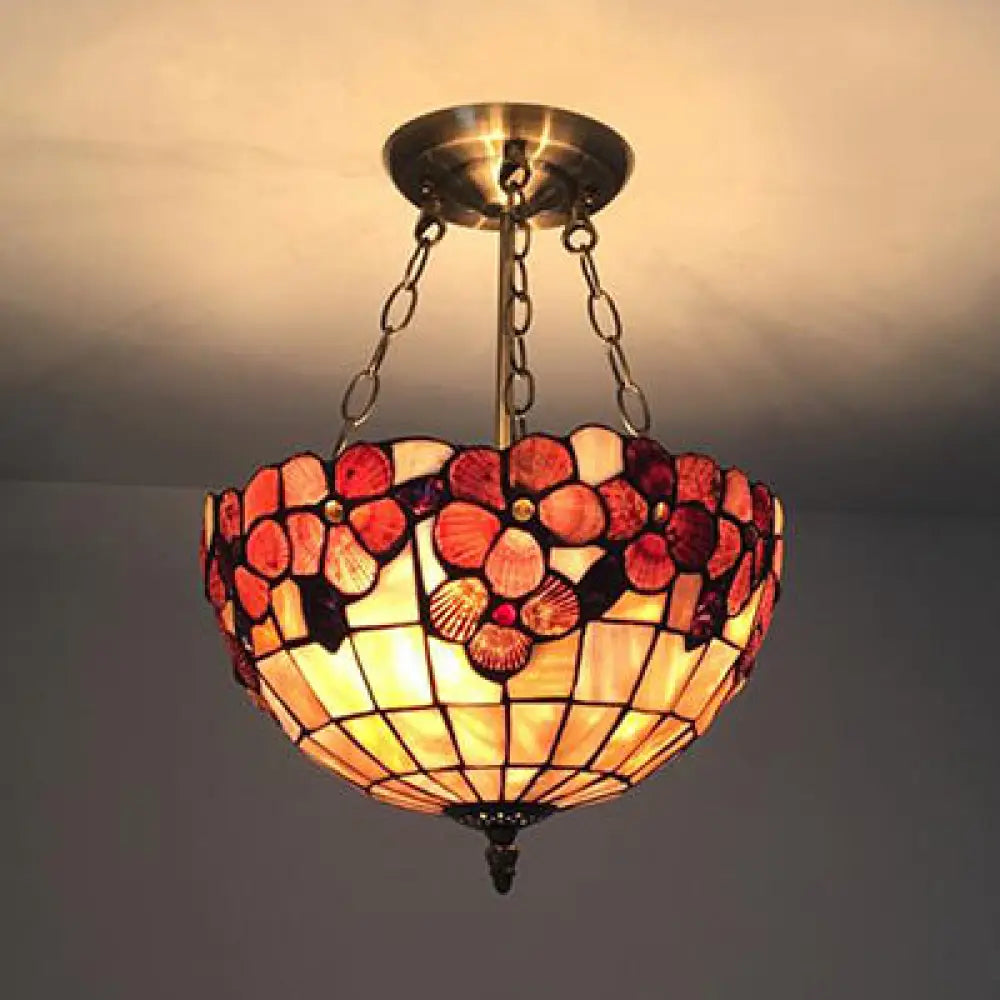DecorBites™ DecorBites™ Scalloped Shade Semi Flush Stained Glass Ceiling Light Retro Style, 12"/16"/20.5" W, Red/Pink/Rose Red, Flower Pattern, Bedroom