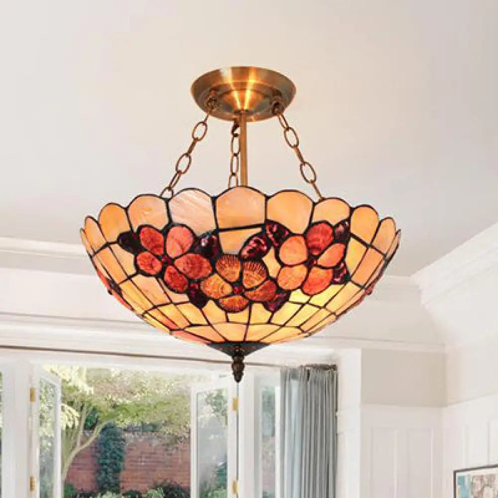 DecorBites™ DecorBites™ Scalloped Shade Semi Flush Stained Glass Ceiling Light Retro Style, 12"/16"/20.5" W, Red/Pink/Rose Red, Flower Pattern, Bedroom